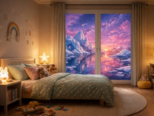 Chambre d'enfant vue sur le pôle nord féérique