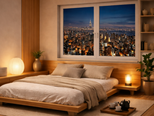 Chambre vue sur la ville éclairée