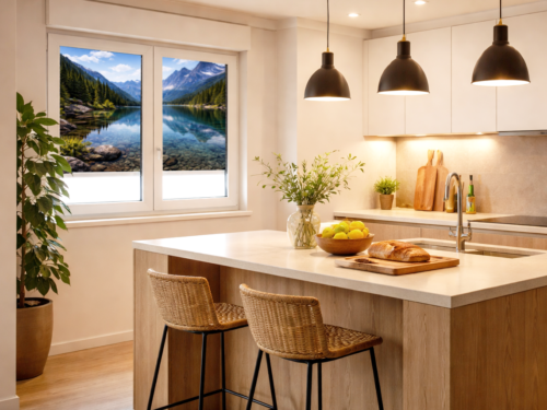 Cuisine vue sur lac et montagne