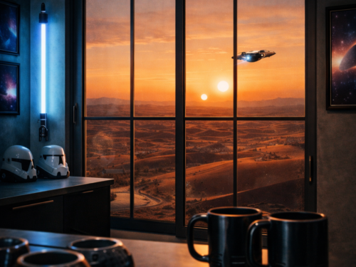 Vue sur le désert avec un vaisseau spatial