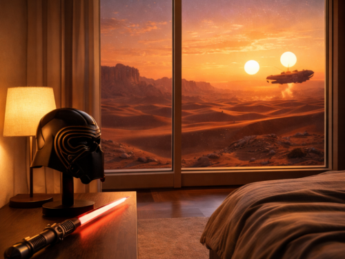 Vue sur le désert avec deux soleils