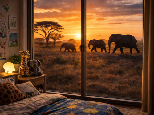 Vue sur la savane avec des éléphants et le coucher de soleil