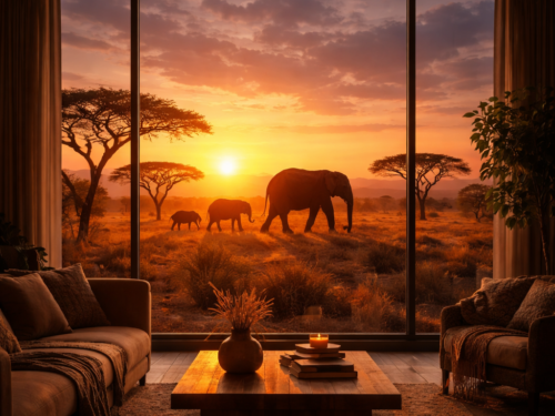 Vue sur la savane et les éléphants sous un coucher de soleil