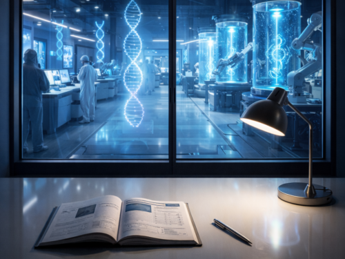 Vue sur un laboratoire avec symbole ADN