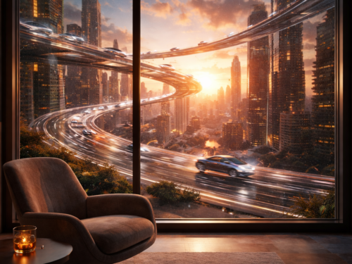 Vue la métropole avec les routes lumineuses