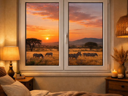 Vue sur la savane avec le coucher de soleil