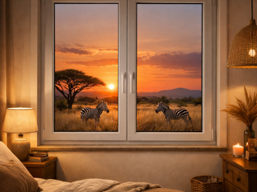 Vue sur la savane et les zèbres avec le coucher de soleil
