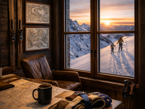Vue sur du ski de randonnée avec coucher de soleil