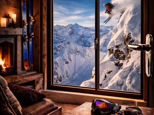 Vue sur skieur hors piste saut barre rocheuse