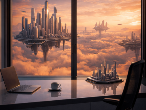 Vue sur une ville flottante avec coucher de soleil